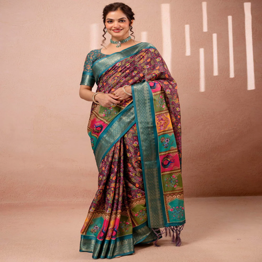 Brown Silk Kalamkari Printed Woven Border Saree