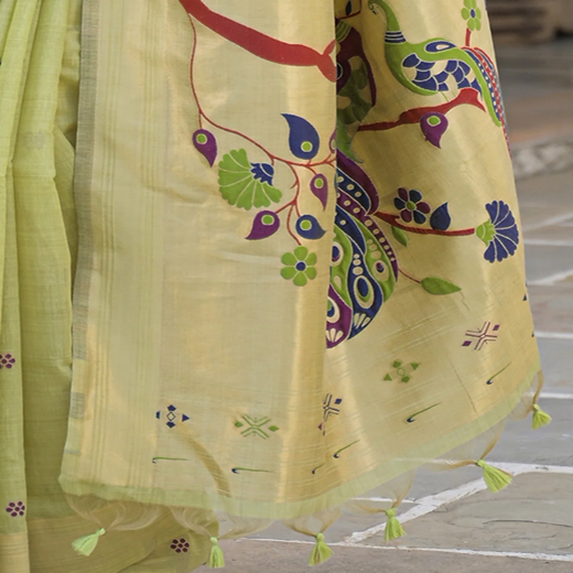 Pista Green Cotton Woven Paithani Saree - Image 3