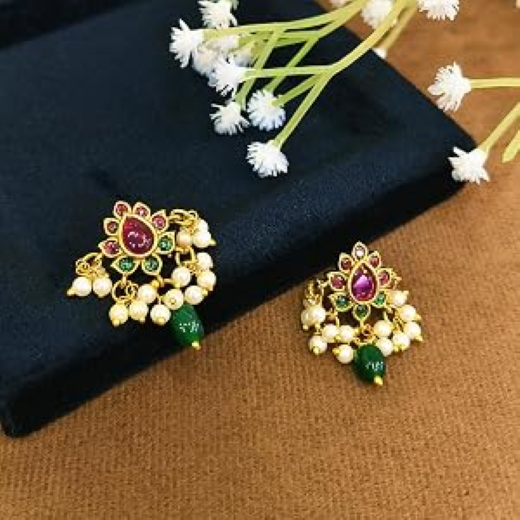 Kempu jadau Flower design dangling Purple stone drop Earring - Image 4