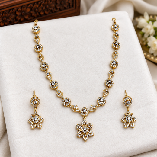 Matte finishing Flower Designed with white Stone's Short Necklace - Image 3