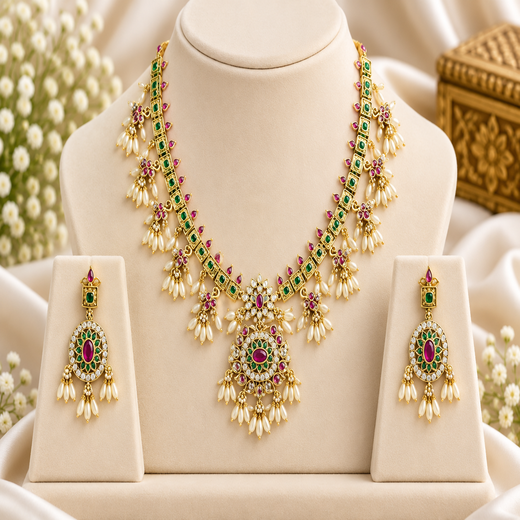 Matte finishing kempu stones with Rice pearls Short Neck;lace - Image 4