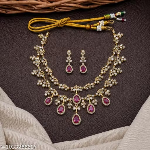 Matte finishing Floral Zircon & Ad Stones pink Short Necklace - Image 3