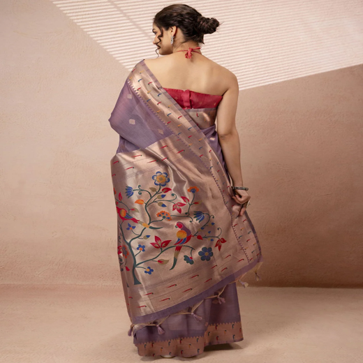 Lavender Chanderi Cotton Woven Paithani Saree - Image 4