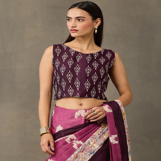 Dark Mauve Cotton Printed Kalamkari Saree - Image 2