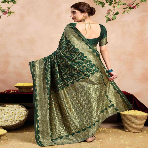 Dark Green Silk Woven Banarasi Saree - Image 4