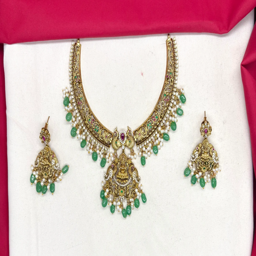 Nakshi finishing floral design with Lord Lakshmi pendant Green Beads Short Necklace - Image 3