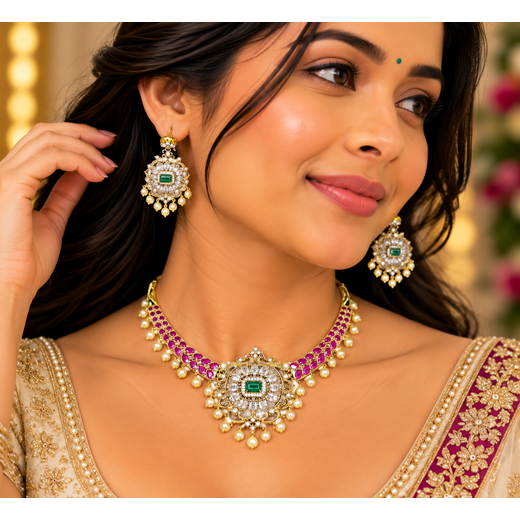 Matte finishing Pink Kempu stones Short Kanti Necklace - Image 4