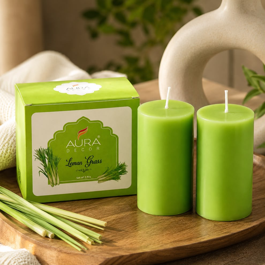 2 Piece Pillar Lemon Grass Fragrance Scented Candle (Pack of 2 Pillar)🕯️