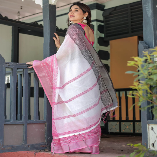 White Linen Printed Saree - Image 4