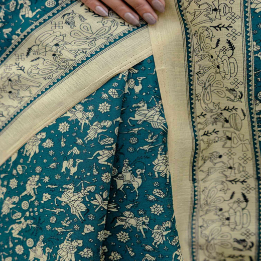 Rama Blue Khadi Warli Printed Saree - Image 3