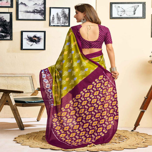 Ready To Wear Green Cotton Printed Saree - Image 4