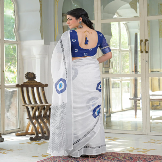 White Linen Printed Saree - Image 4