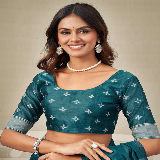 Teal Blue Silk Woven Saree - Image 2