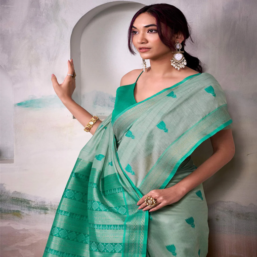 Sea Green Cotton Woven Saree - Image 3