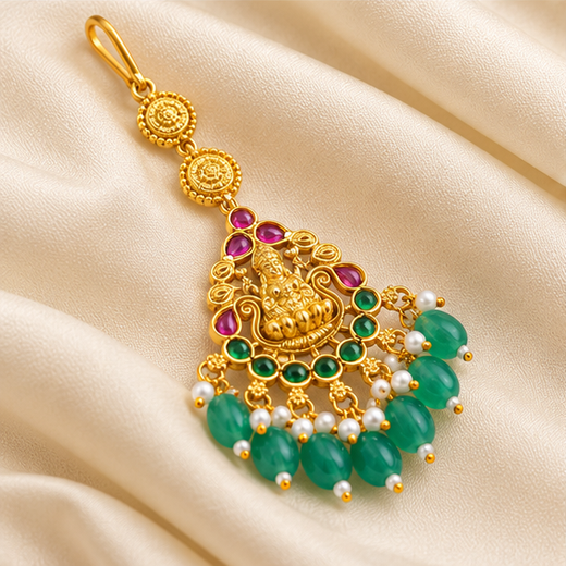 Maang-Tikka With Mint-Green Monalisa Beads - Image 3