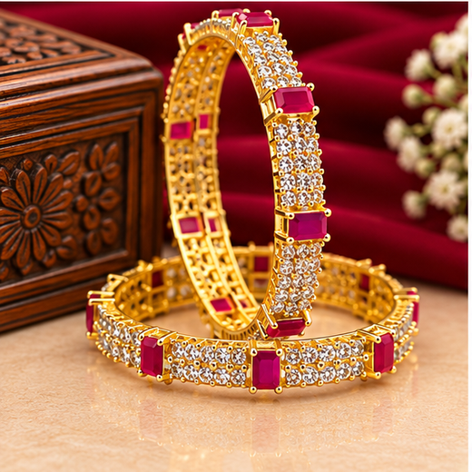 CZ American Diamond Emerald-Cut Pink Stones Bangle - Image 3