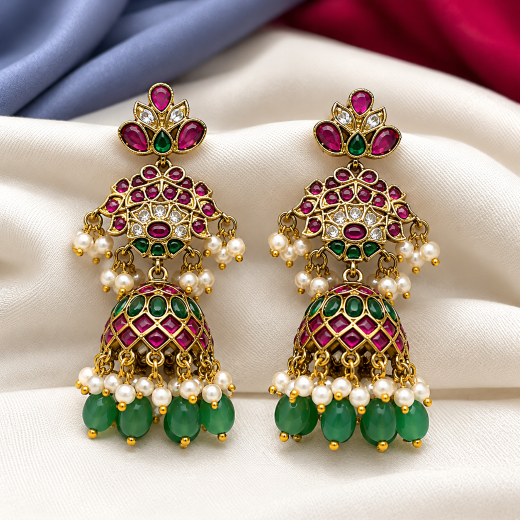 Jhumka emerald Kempu stones with pearl and green bead embellishment earrings - Image 4