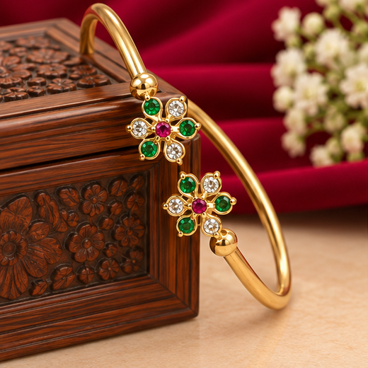 Adjustable Panchaloha Kada Floral Design With White And Green Stones - Image 3