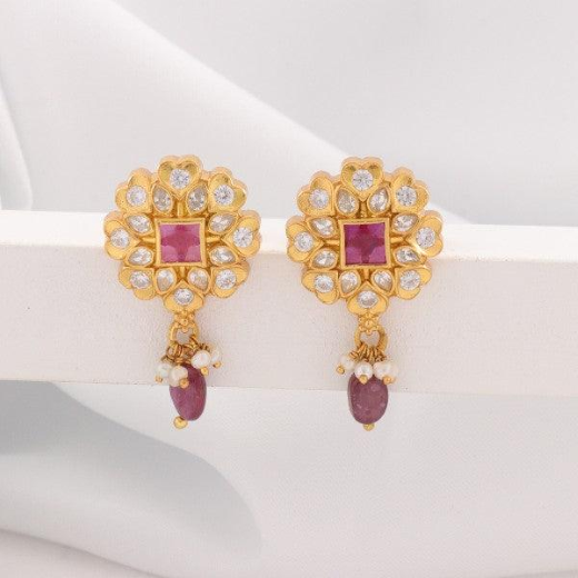 Jadau Kundan with white pearls and Purple drop Earring - Image 3