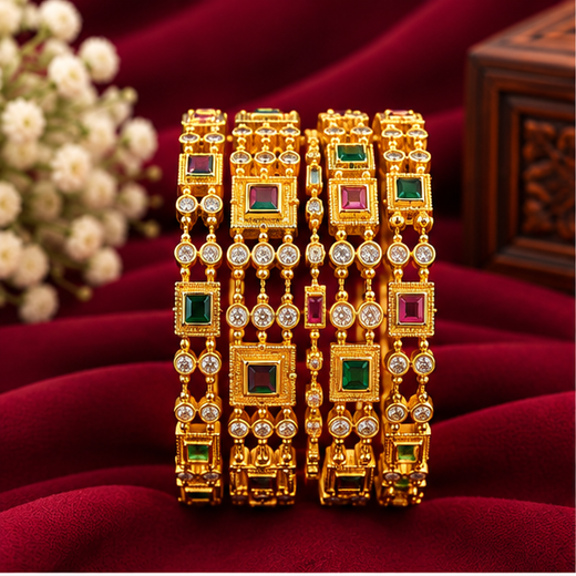 Matte Finish Multi Stones With Six Bangles Set