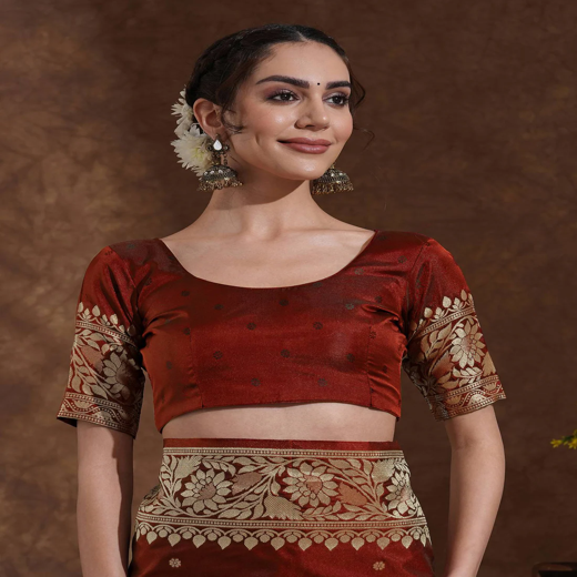 Maroon Silk Woven Kanjivaram Saree - Image 2