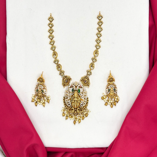 Matte finishing Goddess Lakshmi pendant, green stones, and pearl drops Short Necklace - Image 2