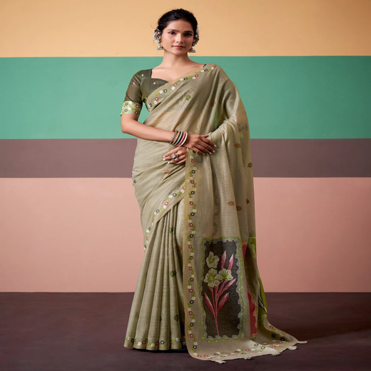 Light Olive Silk Printed Saree