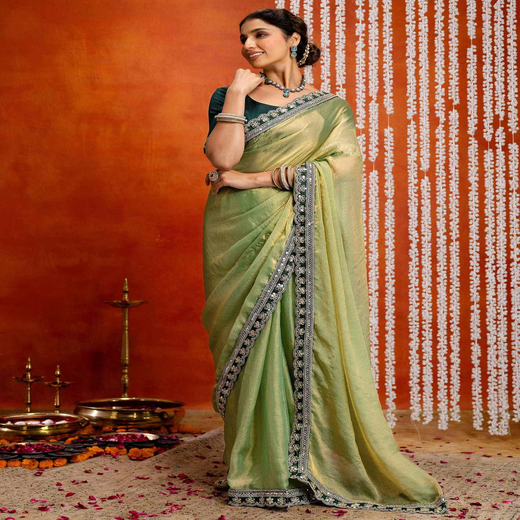 Pista Green Crush Tissue Sequence Lace Saree