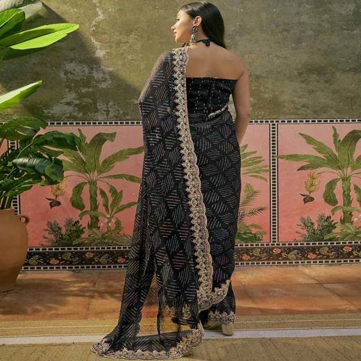 Black Chiffon Bandhani Printed Embroidery Saree - Image 4