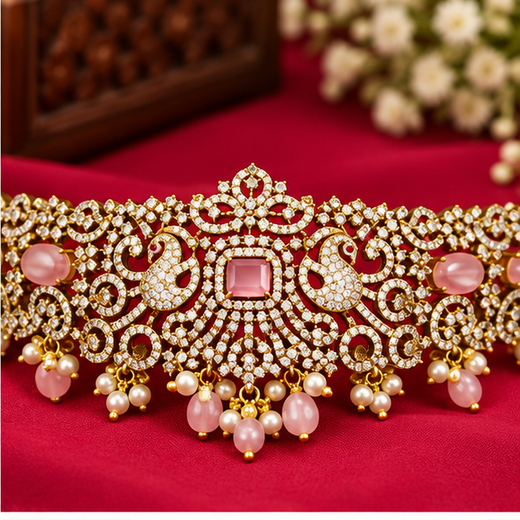 Victorian Finishing With Pink Stones And Peacock Deigned Chain Vaddanam - Image 2