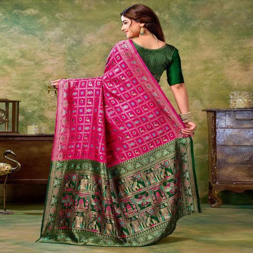 Rani Pink Silk Woven Patola Saree - Image 4
