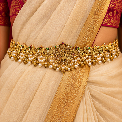 Matte Finishing Peacock Design With Golden Balls Chain Vaddanam - Image 4