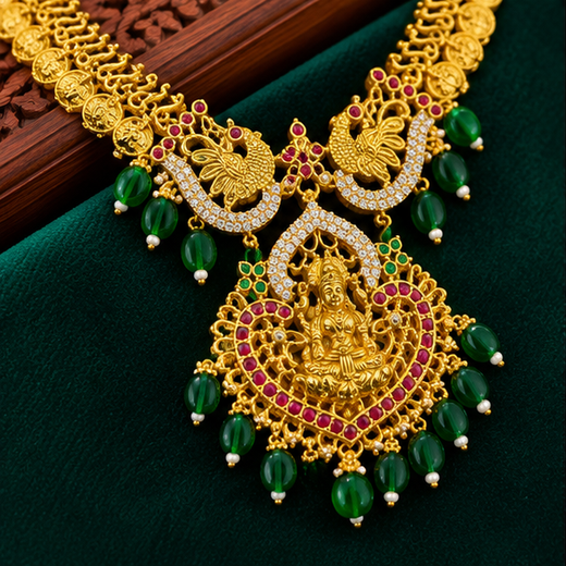 Gold Plated Lakshmi Devi Long Haram Necklace Set - Image 3