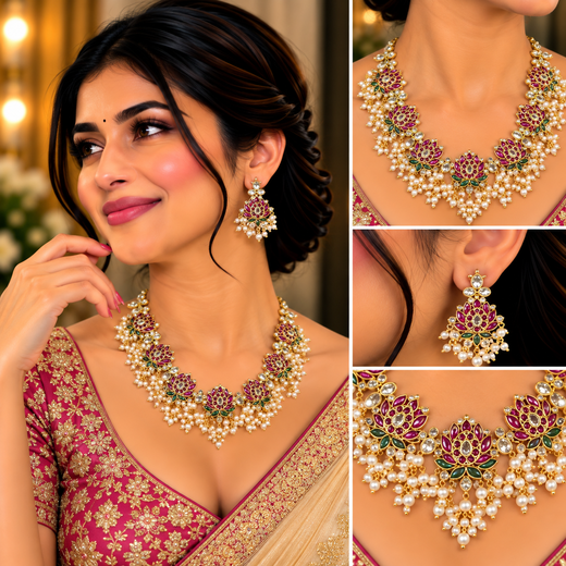 Beautifully designed with Lotus flowers and Guttapusalu clustered pearls Short Haram - Image 4