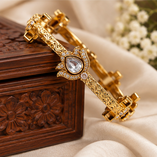 Victorian Finishing White Stone Flower Designed Bangle - Image 3