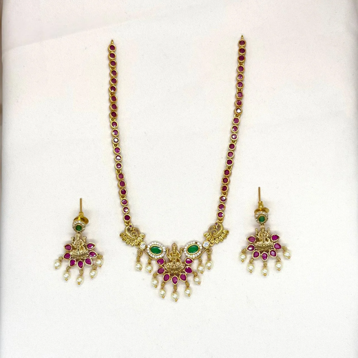 Matte finishing Pink Stones With Lord Lakshmi Short Necklace