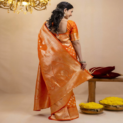 Orange Silk Woven Banarasi Saree - Image 4