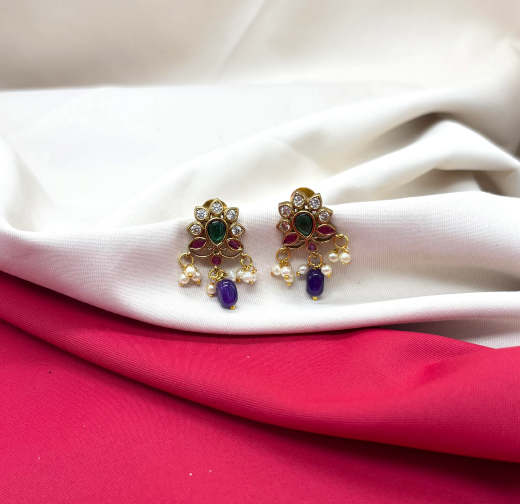 Kempu jadau Flower design dangling Purple stone drop Earring