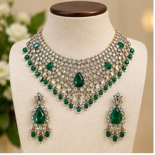 Victorian finishing uncut diamond with Green stones (Choker)Necklace