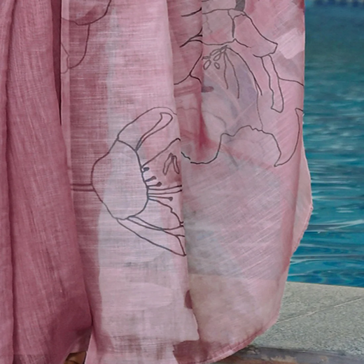 Mauve Linen Floral Printed Saree - Image 3