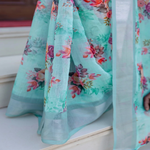 Ready To Wear Sky Blue Linen Woven Border Floral Printed Saree - Image 3