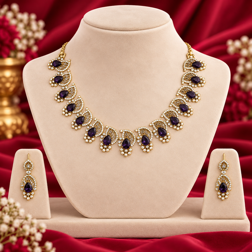 Matte finishing American diamond and purple stone short Necklace