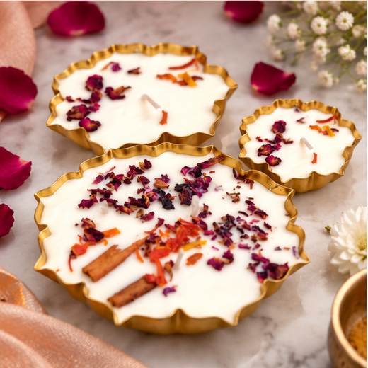 3 Piece Lotus Urli Candle With Flowers & Spices Decoration Gift Set 🪷 🕯️ - Image 3