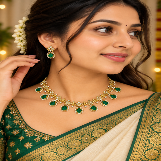 Matte finishing American Diamond with Green Stone Short Necklace - Image 4
