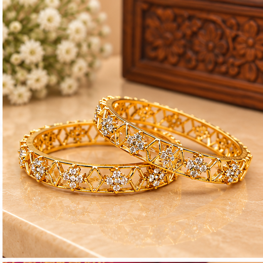 Matte Finishing Flower Design Ad Stones Bangle - Image 2