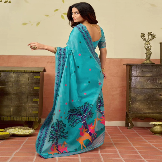 Turquoise Blue Chanderi Woven Saree - Image 4