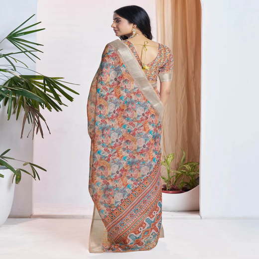 Ready To Wear Light Brown Linen Woven Border Printed Saree - Image 4