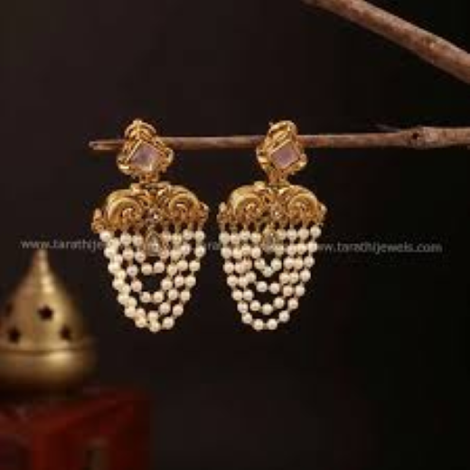 Matte Finish Pearl Drop Earrings with Baby Pink Stone | Artificial Jewellery - Image 2