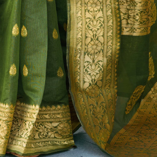 Olive Green Chanderi Woven Saree - Image 3