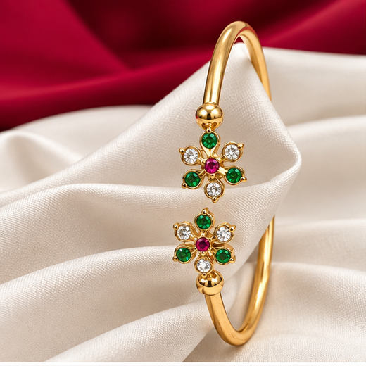Adjustable Panchaloha Kada Floral Design With White And Green Stones